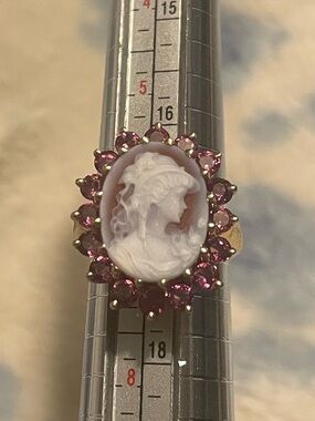 14K Carved Oval Cameo and Pink Tourmaline Halo Ring